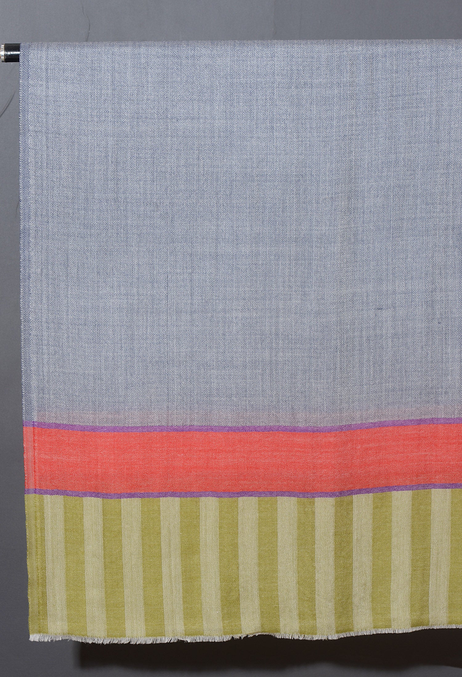 Striped Border Pashmina  -  Natural grey with red and sage green stripes