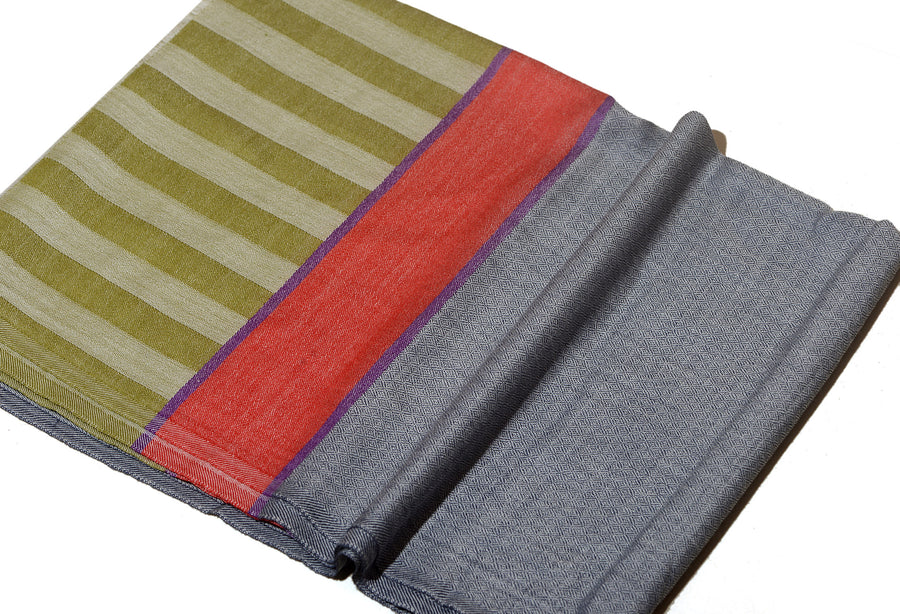 Striped Border Pashmina  -  Natural grey with red and sage green stripes