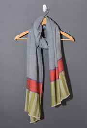 Striped Border Pashmina  -  Natural grey with red and sage green stripes