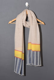 Striped Border Pashmina  - Natural with yellow and grey stripes