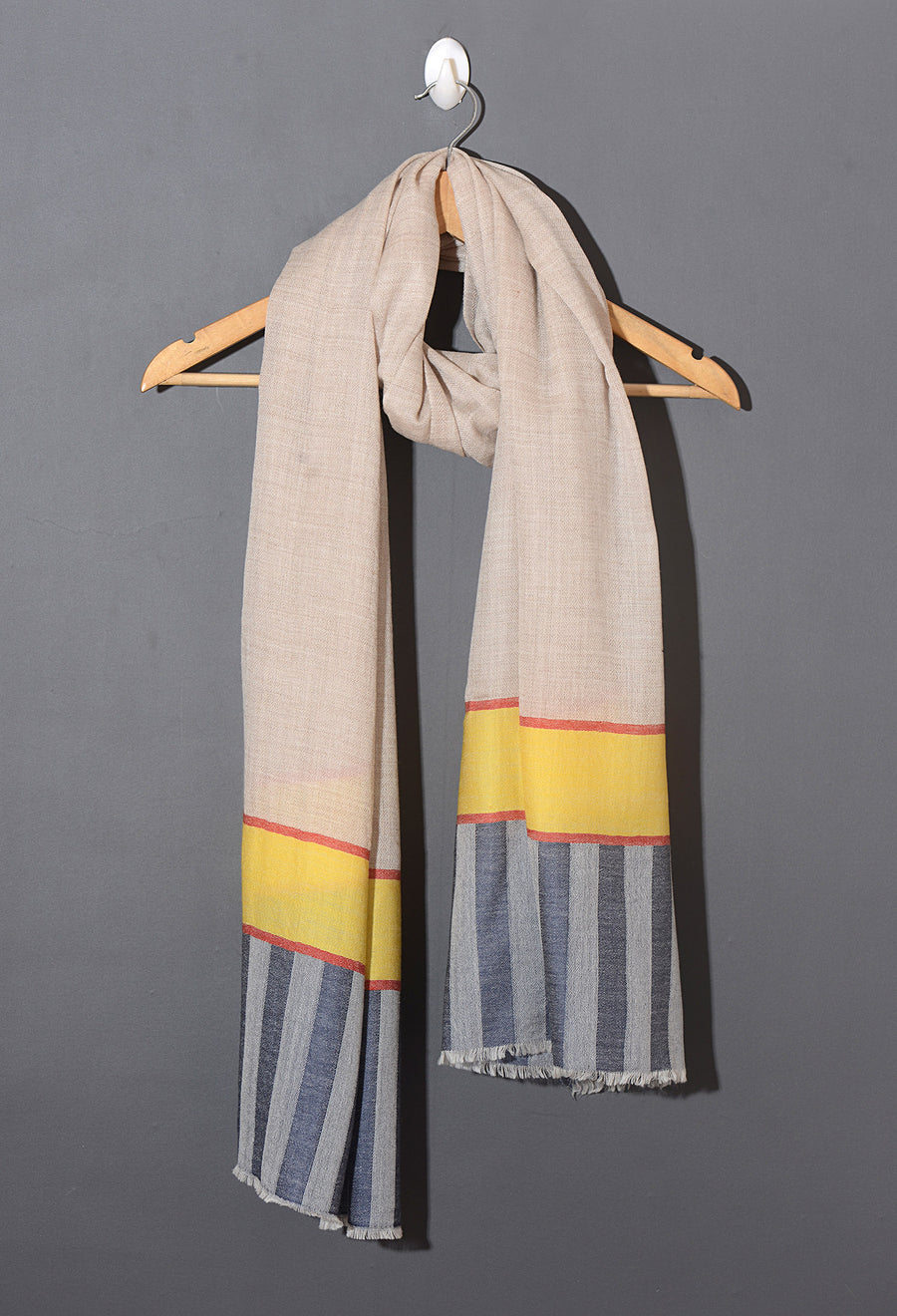 Striped Border Pashmina  - Natural with yellow and grey stripes