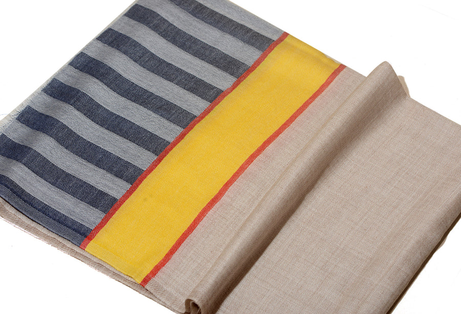 Striped Border Pashmina  - Natural with yellow and grey stripes