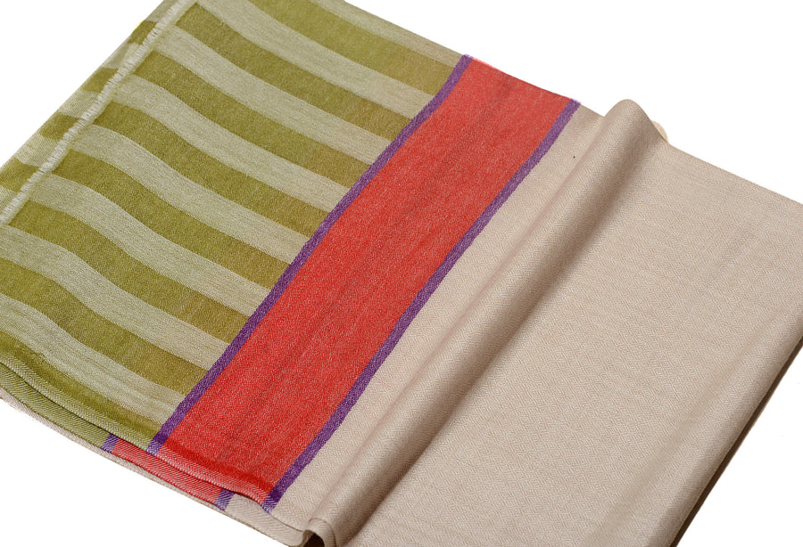 Striped Border Pashmina  - Natural with coral red and fern green stripes