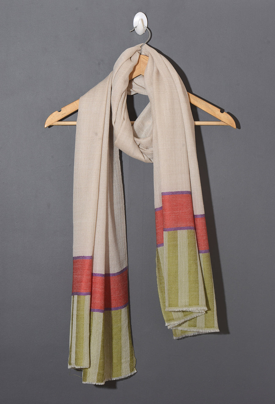 Striped Border Pashmina  - Natural with coral red and fern green stripes