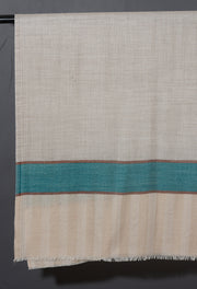 Striped Border Pashmina  - Natural grey with teal and linen stripes