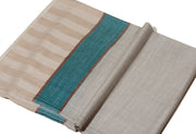 Striped Border Pashmina  - Natural grey with teal and linen stripes