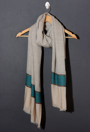 Striped Border Pashmina  - Natural grey with teal and linen stripes