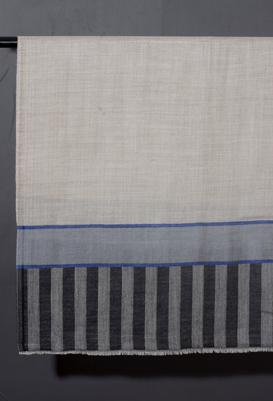 Striped Border Pashmina  -  Natural grey with silver and black stripes