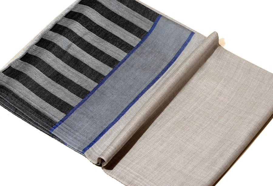 Striped Border Pashmina  -  Natural grey with silver and black stripes