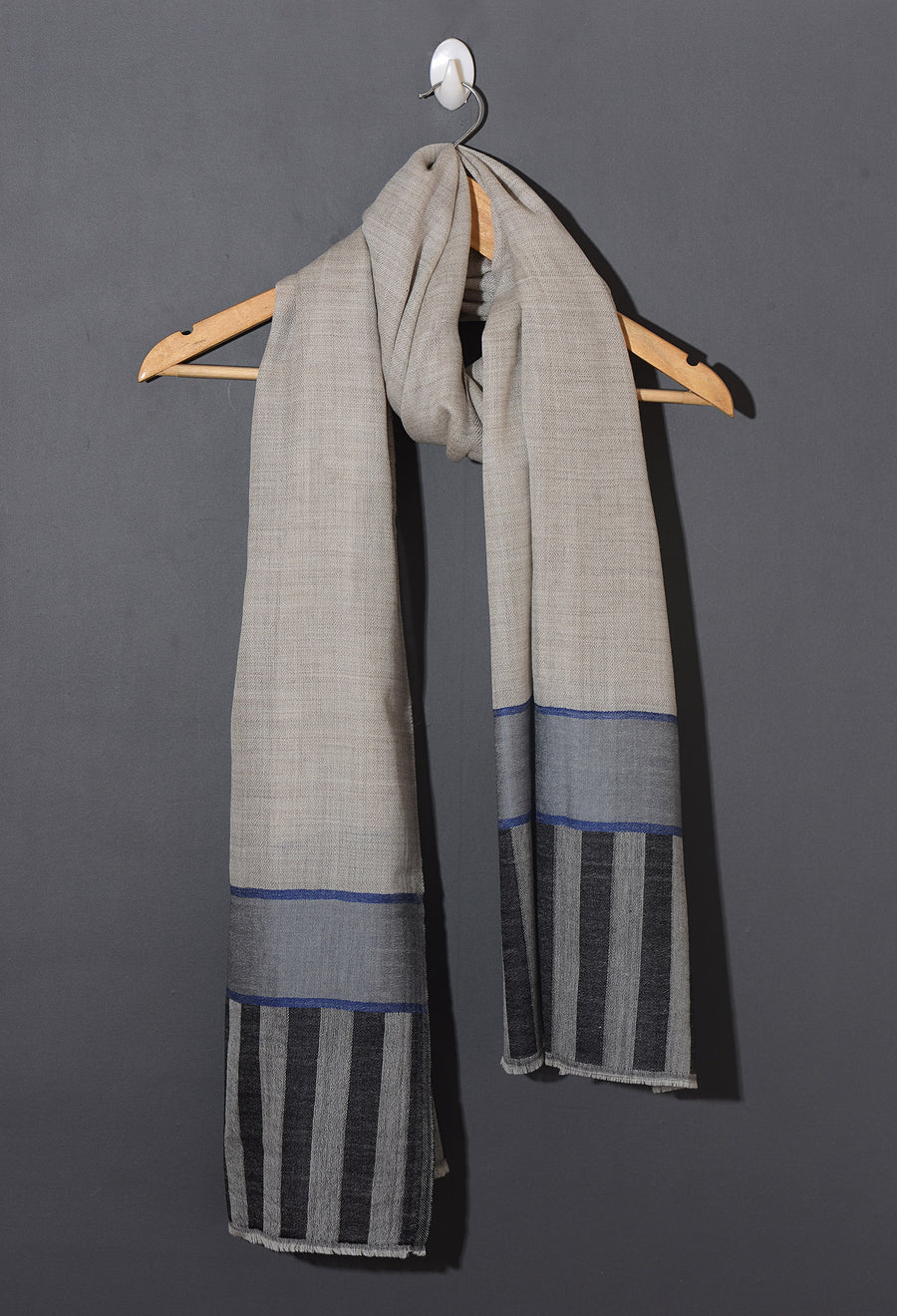 Striped Border Pashmina  -  Natural grey with silver and black stripes