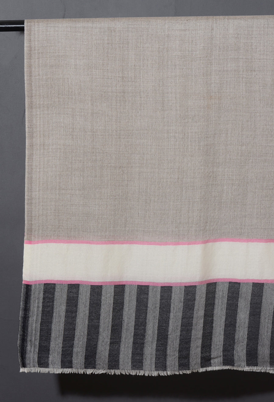 Striped Border Pashmina  -  Natural grey with white and black stripes