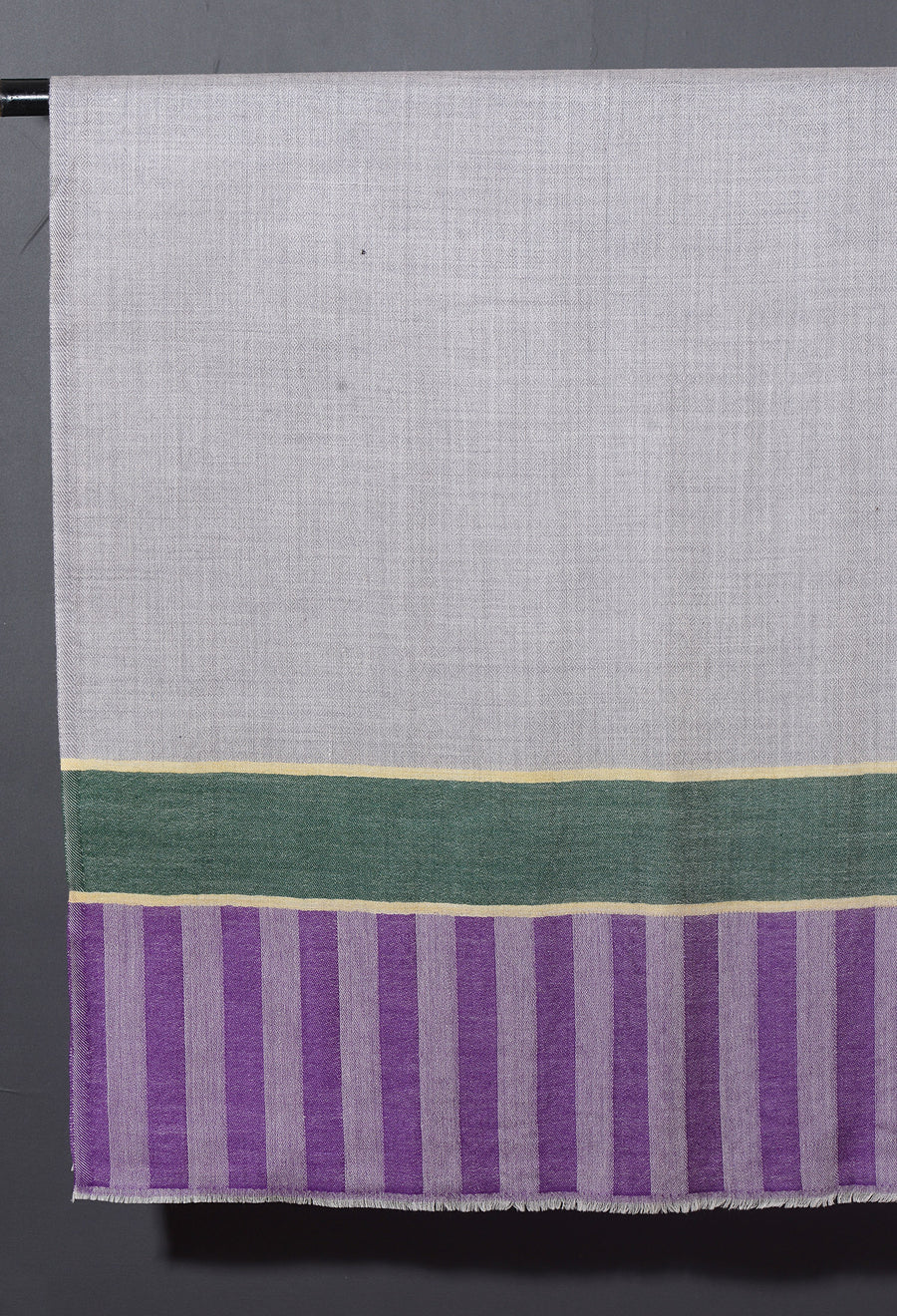 Striped Border Pashmina  -  Natural grey with green and purple stripes