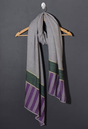 Striped Border Pashmina  -  Natural grey with green and purple stripes