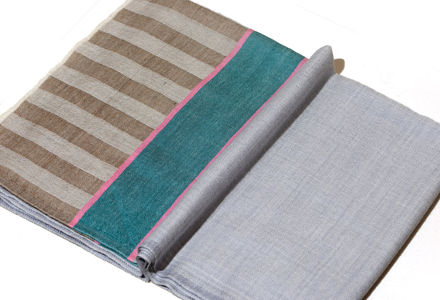 Striped Border Pashmina  -   Natural with teal and caramel stripes