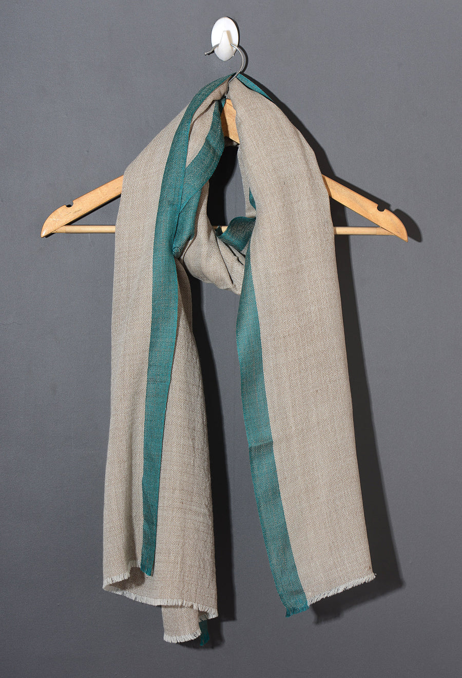 Striped Border Pashmina  -  Natural with teal border