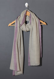 Striped Border Pashmina  -  Natural with lilac border