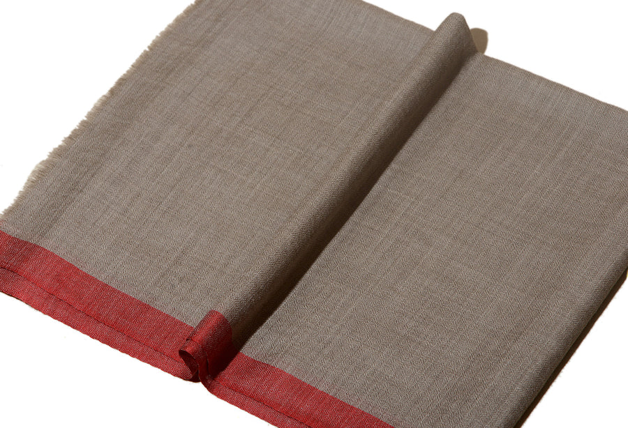 Striped Border Pashmina  -  Natural with coral red border