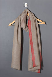 Striped Border Pashmina  -  Natural with coral red border