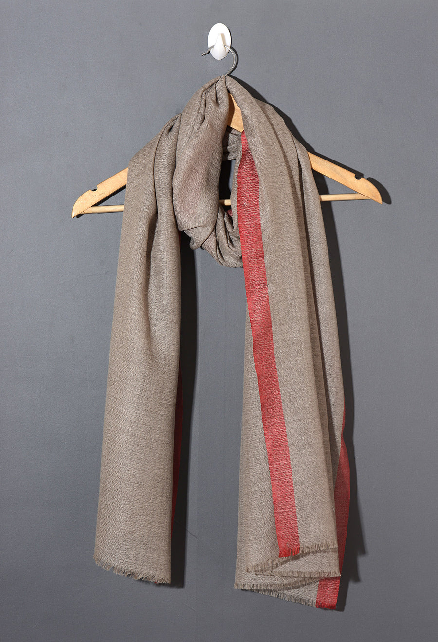 Striped Border Pashmina  -  Natural with coral red border