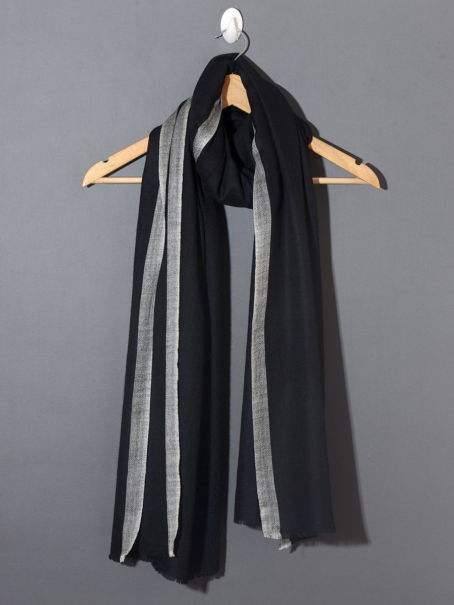 Striped Border Pashmina  - Black with white border